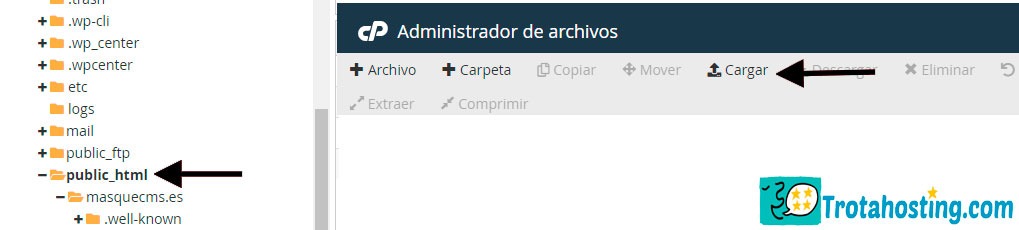 Cargar archivos administrador de archivos cpanel